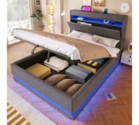YAIXBNG Cama tapizada, 140 x 200 cm, con función de carga USB tipo C, iluminación LED, almacenamiento hidráulico, compartimento de almacenamiento con tapa superior, sin colchón, botón pulsador/aptitud