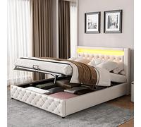 YAIXBNG Cama tapizada de 140 x 190 cm, totalmente funcional, con somier de láminas y espacio de almacenamiento, abertura de almacenamiento hidráulico, iluminación LED blanca, de material de