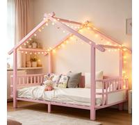 YAIXBNG Cuna de metal con forma de casa de 90 x 200 cm con rejilla de seguridad, diseño de techo y marco decorativo para niños y niñas, color rosa