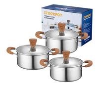 Yajuyi Batería de Cocina de Acero Inoxidable Olla Cazo Cazuela con Tapa Superficie Lisa y Resistente Apta para Gas Inducción Vitrocerámica y Placas, Grano De Madera, 16-18-20CM