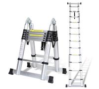 Yakimz - Escalera telescópica de aluminio multiusos, 3,8 m (1,9 m + 1,9 m), con estabilizadores, carga máxima de 150 kg, color plateado