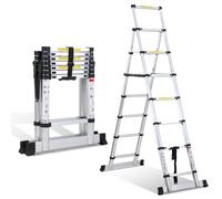 Yakimz Escalera telescópica plegable de aluminio, 2 m + 2,3 m, escalera multiusos de 6 + 7 peldaños, escalera de aluminio extensible, antideslizante, capacidad de carga de 150 kg