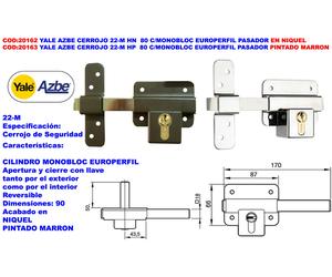 Yale AZBE 22-M HN 90 Cerrojo de sobreponer con monobloc y pasador europeo
