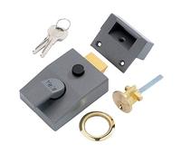 Yale P-89-DMG-PB-60 Cerradura nocturna con bloqueo, bloqueo automático, acabado metálico oscuro/cilindro de latón, alta seguridad, cerradura para exteriores, pestillo de puerta delantera