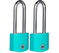 Yale YE3B/38/156/1/TE - Candado aluminio 35 mm turquesa 3 llaves, arco largo, EN12320, doble bloqueo antirrobo seguridad para taquilla, caja de herramientas, armario (Paquete de 2)