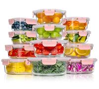 YASHE 12 Piezas Recipientes de Vidrio con Tapas Herméticas, Reutilizables, Apto para Microondas, Horno, Congelador y Lavavajillas, Sin BPA, Fiambrera Cristal, Rosa
