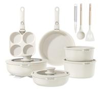 YASHE Batería de cocina antiadherente de 20 piezas - Juego de ollas y sartenes con asas extraíbles, compatible con lavavajillas, apilable, ideal para familias, blanco