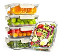 YASHE Paquete de 5 recipientes de vidrio con tapas, 1040 ml, gruesos y duraderos, recipientes de vidrio apilables herméticos para preparación de comidas, almacenamiento de alimentos sin BPA, Blanco