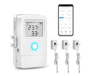 Yasorn Medidor de Energía WiFi 3 Canales con 3 Pinzas CT de 80 A y LCD | Control remoto Smart Life; sonda de temperatura incluida; umbrales ajustables; relé de 15 A; precisión ±2 %