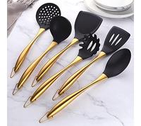 YDware - Juego de utensilios de cocina, 6 utensilios de cocina de silicona, herramientas resistentes al calor, utensilios de cocina antiadherentes con mango de acero, color dorado