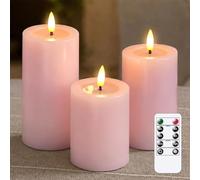 Yeelida remoto sin llama parpadeante velas LED con aceite de cera de diseño, Rosa Pack de 3 pilas Oprated pilar temporizador real velas de cera (7.5x10 12.5 15cm)