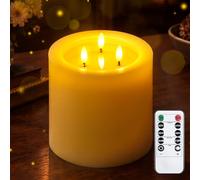 Yeelida Vela LED sin llama de 3 mechas 15x15cm con mando a distancia y efecto aceite de cera, temporizador Vela de cera real con pilas que parpadean en color marfil