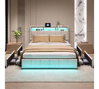 Yeutre Cama 140 x 190 con somier LED y USB, Cama Doble Acolchada con 4 cajones y cabecero de Almacenamiento, Camas de Dos plazas para Adultos y Adolescentes, Lino (Beige Lino 2, 140 x 190 cm)