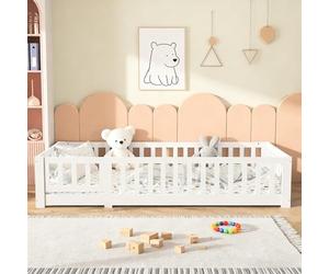 Yeutre Cama de suelo infantil 90 x 200, cama Montessori de madera con barrera de seguridad y somier de láminas, marco de camas infantiles para niños y niñas, niños y bebés, fácil de montar