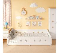 Yeutre Cama de suelo infantil 90 x 200 cm, cama Montessori con barrera y somier, marco de camas infantiles de madera maciza de pino para niños y bebés, sin colchón (blanco B, 90 x 200 cm)