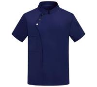 YGERGWE Chaqueta de Chef para Hombre de Manga Corta, Uniforme de Chef Profesional, Abrigo de Cocina Transpirable para Hombre, Ropa de Trabajo de Catering Ligera con Bolsillos para Restaurante, Azul-3