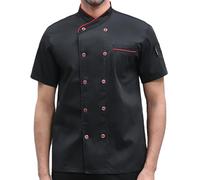 YGERGWE Chaqueta de chef para hombre, manga corta, uniforme de chef profesional, abrigo de cocina transpirable para hombre, ropa de trabajo ligera con bolsillos para restaurante, Negro-2, 3XL