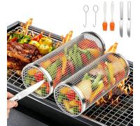 YGVQN Cesta de Asar Rodante 2 Piezas, Cilíndrica Acero Inoxidable 304 con Soporte y Cepillo, para Verduras, Patatas Fritas, Pescado, Accesorios Portátiles Barbacoa Exterior, Regalo Hombre o Papá