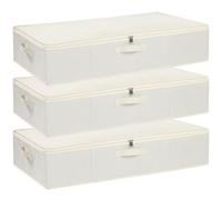 YheenLf 3 Set Bolsas Almacenaje Ropa, Plegables Almacenaje Bajo Cama, Cajas de Almacenamiento con Tapa y Asa, Contenedores para Mantas, Edredones,Zapatero, Beige, 80×40×15cm