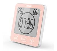 YiChZhe Reloj despertador para baño, resistente al agua, digital, con higrómetro y termómetro, pantalla LCD, temporizador de cuenta atrás, para ducha, cocina, día a día familiar, color rosa