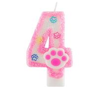 Yiran Vela de cumpleaños número 4 con estampado de pata rosa para perros y gatos, decoración de fiesta temática de decoración de pastel rosa con purpurina para fiesta de 4º cumpleaños y suministros de