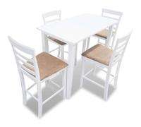 Yisssmeng Juego de mesa alta con 4 taburetes de madera blanca 110 x 60 cm | Elegante juego de comedor de 5 piezas de madera de caucho para cocina y comedor con sillas de bar tapizadas en blanco y beige