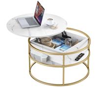 YITAHOME café Mesa de Centro con Tapa abatible, Madera de ingeniería, Blanco/Dorado, 80x80x47cm
