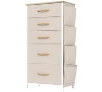 YITAHOME Comoda 5 Cajones,Cajonera de Tela con Bolsillos Laterales,Sinfonier,Robusta Estructura metálica,Cómoda con Tapa de Madera,Beige