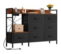 YITAHOME Cómoda para Dormitorio con 7 cajones de Tela, cómoda con 2 enchufes, 2 Puertos USB y Tira de luz LED, Armario de TV con Ganchos Laterales, Color Negro