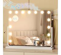 YITAHOME Espejo de Maquillaje 18 LED Estilo Hollywood, 80x60 cm, Espejo Cosmético con Altavoz Bluetooth, Conexión USB y Type-C, Espejo Aumentador 10X y Soporte para Teléfono
