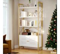YITAHOME Estantería con Armario de Almacenamiento, Estante de 5 Niveles con Puertas para Dormitorio, Sala de Estar, Oficina, Blanco y Dorado