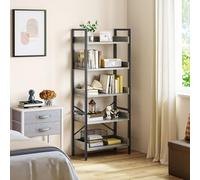 YITAHOME Estantería de 5 Niveles, Librería de pie para Libros, Estante de Madera y Marco de Acero Estable, con 4 Ganchos, Estante de Almacenamiento Industrial para Sala de Estar, Gris