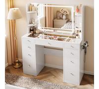 YITAHOME Gran tocador con iluminación LED Ajustable y enchufes,Escritorio Transparente,Tocador con 9 cajones, cajones divididos, Blanco