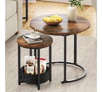 YITAHOME Juego de 2 Mesas de Centro Redondas, Mesa de Salón Moderna con Bolsa de Tela para Almacenamiento, Mesa Auxiliar, Juego de 2 Unidades, Apilables con Placa de Madera y Marco de Metal