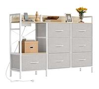 YITAHOME Kommode Schlafzimmer mit 7 Stoffschubladen, Kommode mit 2 Steckdosen, 2 USB-Anschlüssen und LED-Lichtleiste, TV-Schrank mit seitlichen Haken,Off White