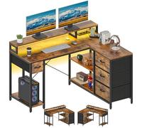 YITAHOME L Form Escritorio con Toma de Carga USB y Toma de Corriente, Escritorio de Esquina Reversible con 4 cajones y Estante, 140 x 100 cm, Tablero de Ordenador, Color marrón