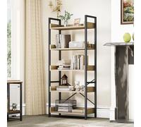 YITAHOME Librería de 5 Niveles, Estantería Industrial para Libros de Piso, Estante de Madera y estanterías con Marco de Acero Estable con 4 Ganchos para Sala de Estar, Oficina en casa, Roble