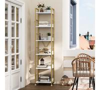 YITAHOME Librería de 6 Niveles, Estantería de Piso con 4 Ganchos, Estante de Madera y Marco de Metal, Estantería Industrial Alta, Almacenamiento para Sala de Estar, Oficina en Casa, Dorado