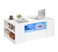 YITAHOME Mesa de Centro Blanca, Mesa de salón Brillante con iluminación LED de 16 Colores, Mesa Auxiliar Moderna, Color Blanco, con Estante Expositor Abierto y 2 cajones extraíbles, 95 x 55 x 37 cm