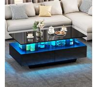 YITAHOME Mesa de Centro con 16 Colores LED para Sala, Mesa Cafe Madera con Estante Abierto y 4 cajones, Mesa de Centro Negra Moderna