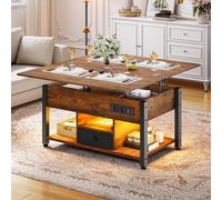 YITAHOME Mesa de Centro Elevable con LED RGB, 4 en 1 Mesa de Salón con Tablero Plegable y Compartimento de Almacenamiento Oculto, Mesa de Café con USB y Enchufe, Fácil de Levantar, Marrón Rústico