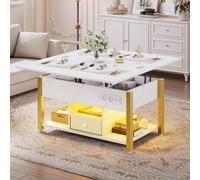 YITAHOME Mesa de Centro Elevable con LED RGB, 4 en 1Mesa de Salón con Compartimento de Almacenamiento Oculto, Mesa de Café con USB y Enchufe para Salón Comedor, Fácil de Levantar, Mármol Blanco