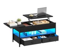 YITAHOME Mesa de Centro Elevable, Mesita de Salón de Madera con Estante de Almacenamiento, Mesa Cafe con 2 Cajón y Tira de luz LED de 16 Colores, Negro, 106 x 50 x 51,5 cm