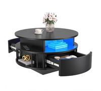 YITAHOME Mesa de Centro Redonda Moderna con LED, 70 cm, Espacio de Almacenamiento de 2 Niveles y 2 Cajones, Diseño Estriado, Estantes, Mesa de Acento para Sala de Estar, Negro