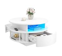 YITAHOME Mesa de Centro Redonda Moderna con LED, 70 cm, Espacio de Almacenamiento de 2 Niveles y 2 Cajones, Diseño Estriado, Estantes, Mesa de Acento para Sala de Estar, Blanco