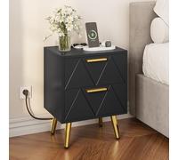 YITAHOME Mesita de Noche con 2 Cajones, 2 Puertos USB y 2 Tomas de Corriente, Mesa Auxiliar con Patas y Asas de Metal Dorado, Mesa Auxiliar para Salón, Dormitorio, 40 x 30 x 52 cm, Negro