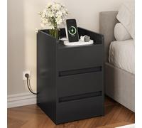 YITAHOME Mesita de Noche de 3 Cajones, Mesita de Noche con Estación de Carga, 2 Puertos y Tomas USB, Mesa Auxiliar Impermeable para Salón y Dormitorio, 35 x 40 x 60 cm (Negro)