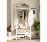 YITAHOME Perchero con almacenamiento de zapatos, árbol de pasillo libre con banco y 2 cajones plegables, soportes industriales con 8 ganchos para pasillo, marco de metal, Beige