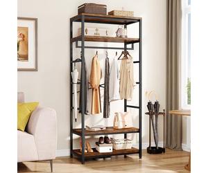 YITAHOME Perchero de Pie con Zapatero, Árbol de Pasillo con 4 Estantes, Barra Industrial para Ropa, Estantería para Guardar Ropa para entrada pasillo sala de estar, Marrón Rústico