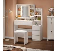 YITAHOME Tocador con Espejo y Taburete, tocador para Dormitorio, con Luces LED, Espejo de Maquillaje con 5 cajones y estantes Abiertos, tocador Blanco Moderno para Dormitorio